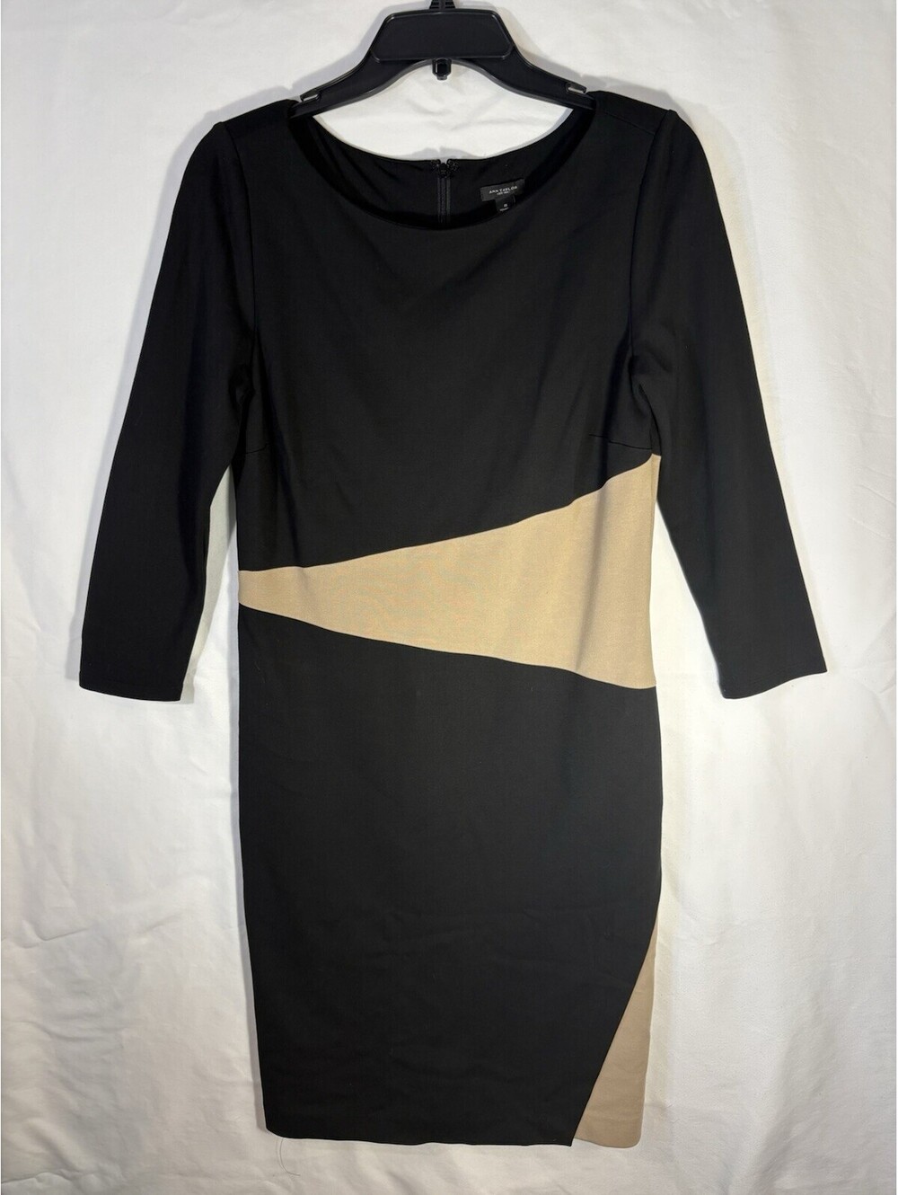 Ann Taylor Size 8 Black Tan Colorblock Sheath Dress 3/4 Sleeve Career Stretch